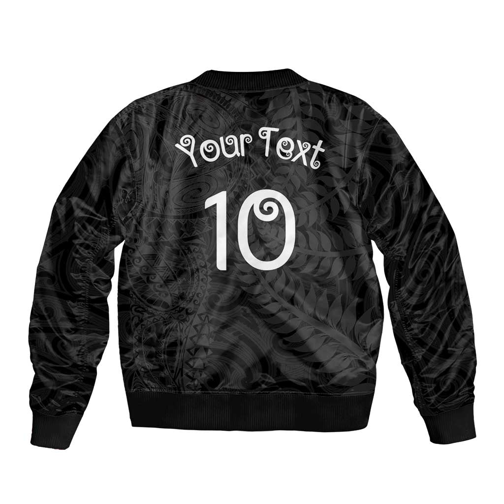 Aotearoa Volleyball Custom Sleeve Zip Bomber Jacket Silver Ferns and Maori Tribal Black