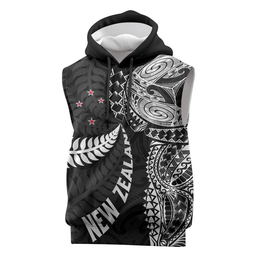 Aotearoa Volleyball Custom Sleeveless Hoodie Silver Ferns and Maori Tribal Black LT03 Black - Polynesian Pride