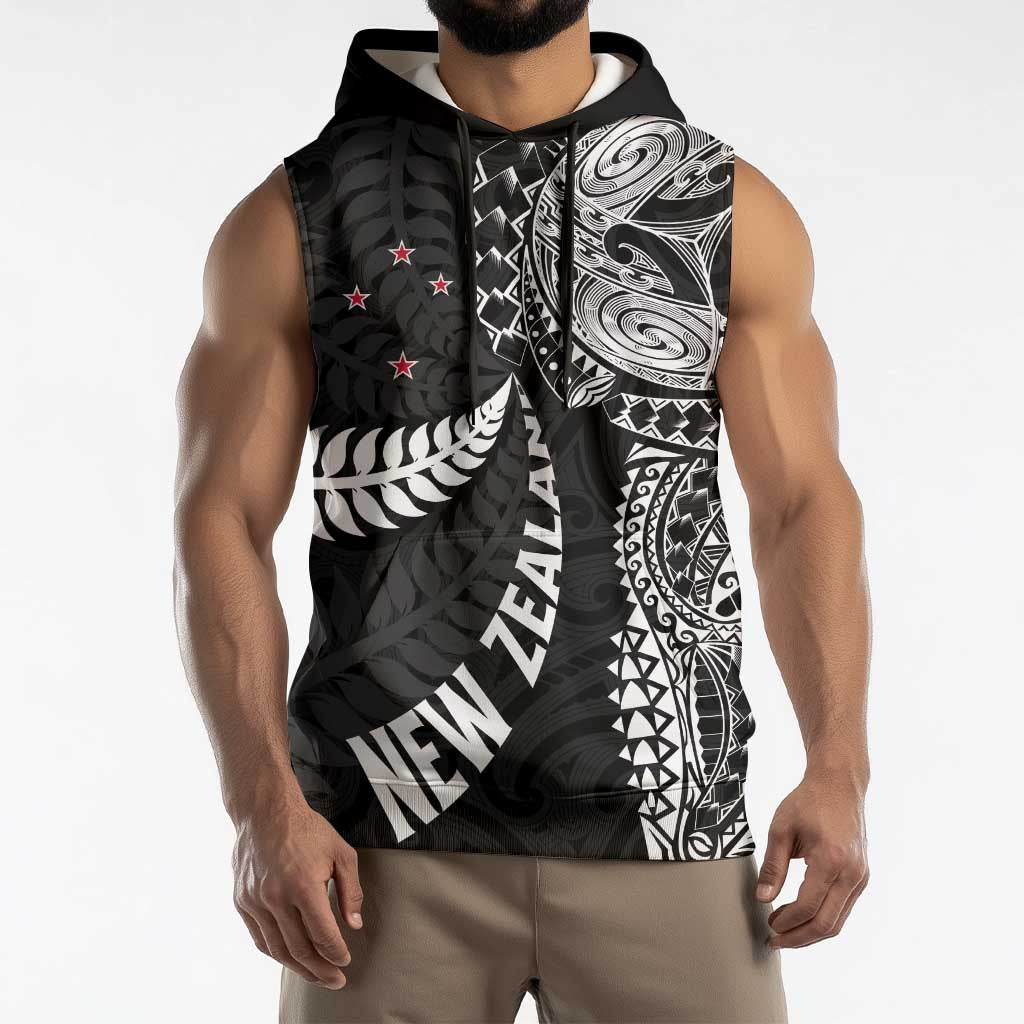 Aotearoa Volleyball Custom Sleeveless Hoodie Silver Ferns and Maori Tribal Black LT03 - Polynesian Pride