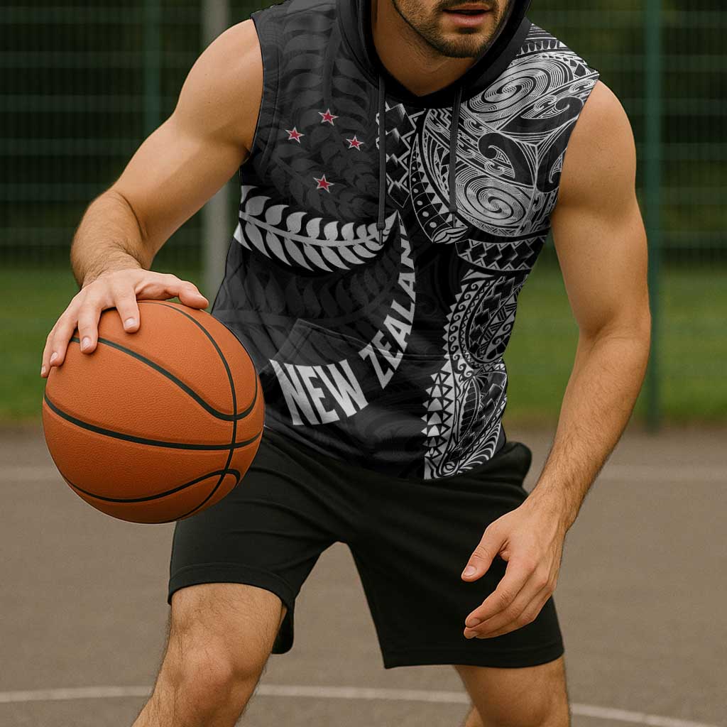 Aotearoa Volleyball Custom Sleeveless Hoodie Silver Ferns and Maori Tribal Black LT03 - Polynesian Pride