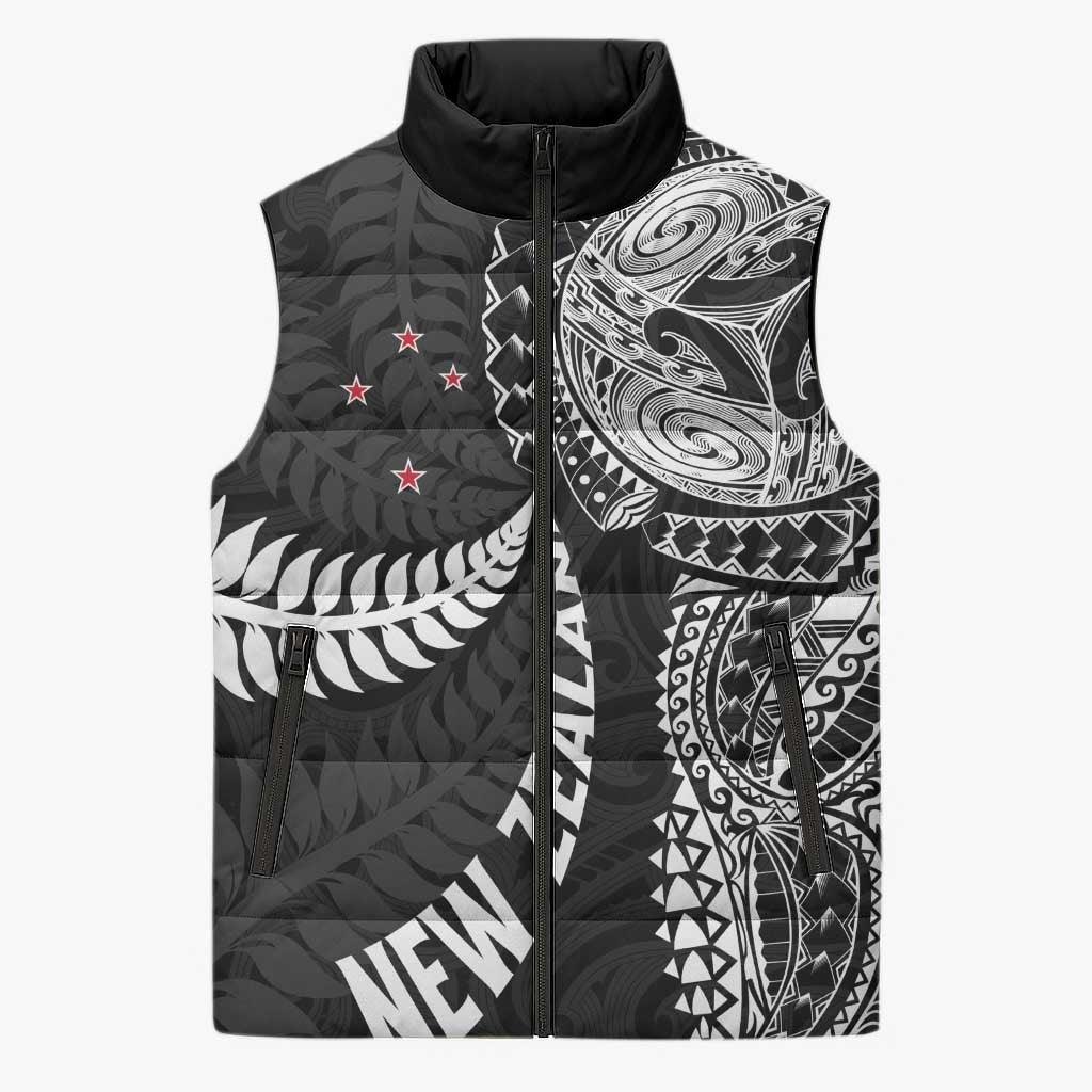 Aotearoa Volleyball Custom Sleeveless Puffer Jacket Silver Ferns and Maori Tribal Black LT03 Unisex Black - Polynesian Pride