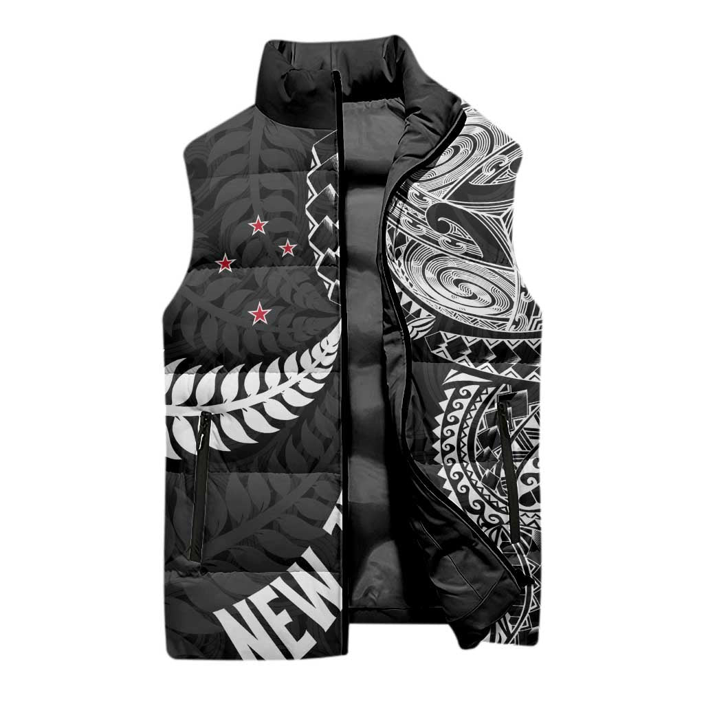 Aotearoa Volleyball Custom Sleeveless Puffer Jacket Silver Ferns and Maori Tribal Black LT03 - Polynesian Pride