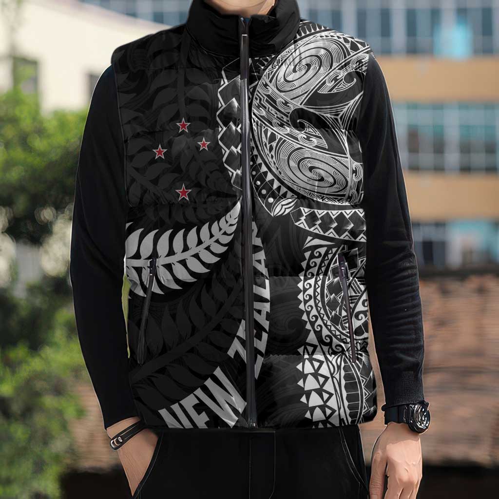 Aotearoa Volleyball Custom Sleeveless Puffer Jacket Silver Ferns and Maori Tribal Black LT03 - Polynesian Pride