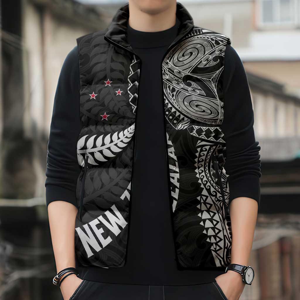Aotearoa Volleyball Custom Sleeveless Puffer Jacket Silver Ferns and Maori Tribal Black LT03 - Polynesian Pride