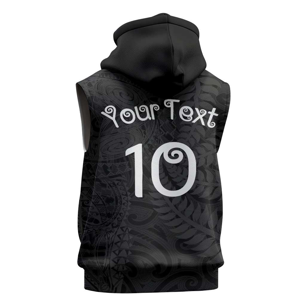 Aotearoa Volleyball Custom Sleeveless Zip Hoodie Silver Ferns and Maori Tribal Black LT03 - Polynesian Pride