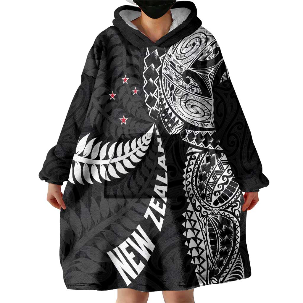 Aotearoa Volleyball Custom Wearable Blanket Hoodie Silver Ferns and Maori Tribal Black LT03 - Polynesian Pride