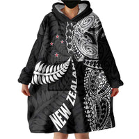 Aotearoa Volleyball Custom Wearable Blanket Hoodie Silver Ferns and Maori Tribal Black LT03 - Polynesian Pride