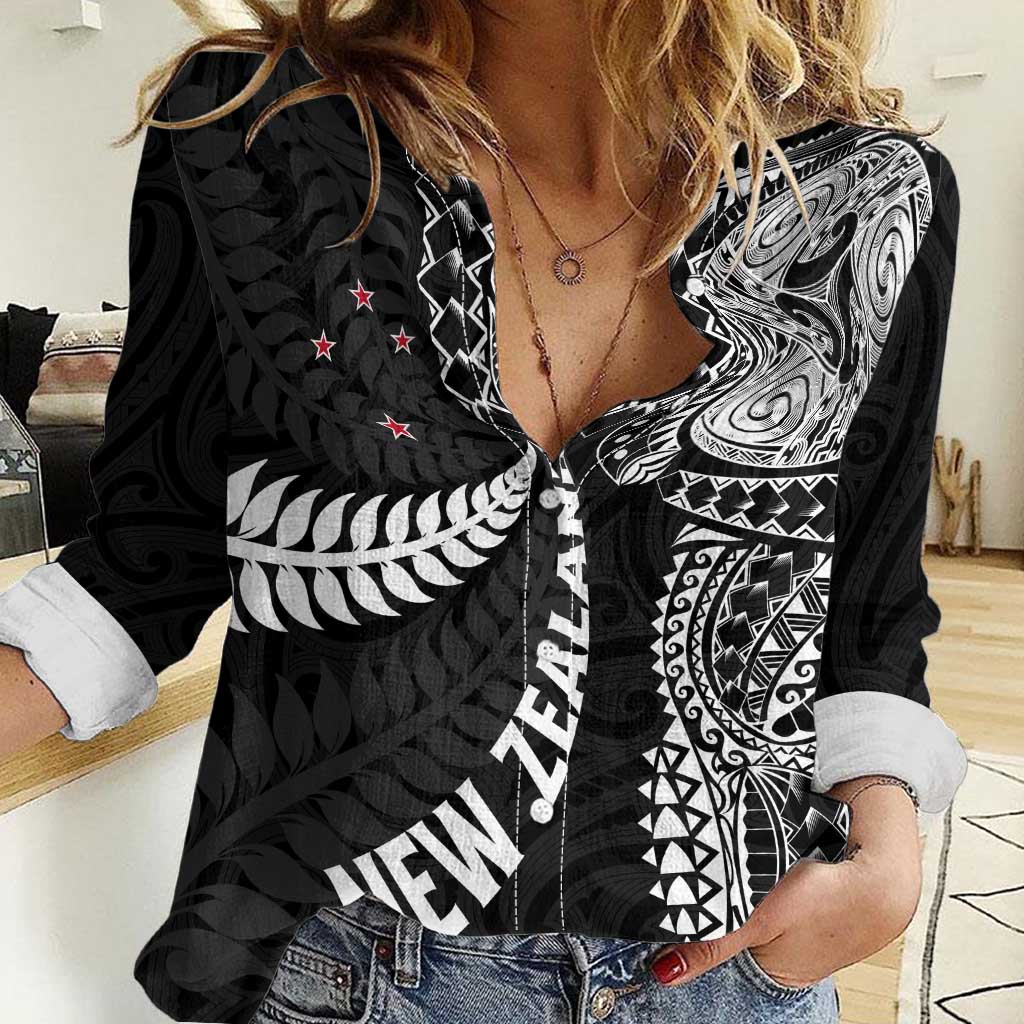 Aotearoa Volleyball Custom Women Casual Shirt Silver Ferns and Maori Tribal Black LT03 Female Black - Polynesian Pride