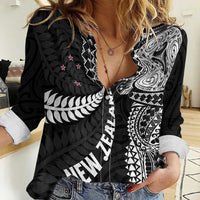Aotearoa Volleyball Custom Women Casual Shirt Silver Ferns and Maori Tribal Black LT03 Female Black - Polynesian Pride