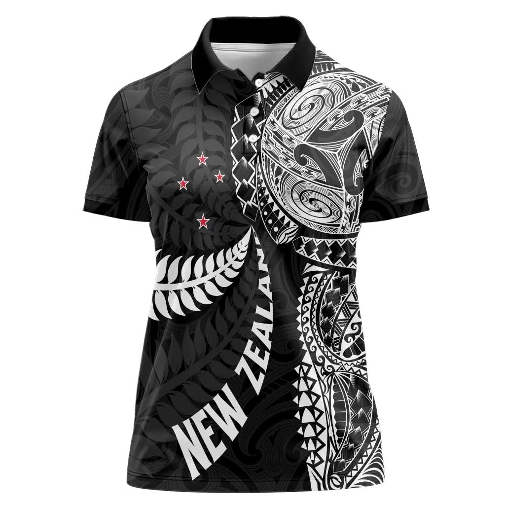 Aotearoa Volleyball Custom Women Polo Shirt Silver Ferns and Maori Tribal Black LT03 Female Black - Polynesian Pride