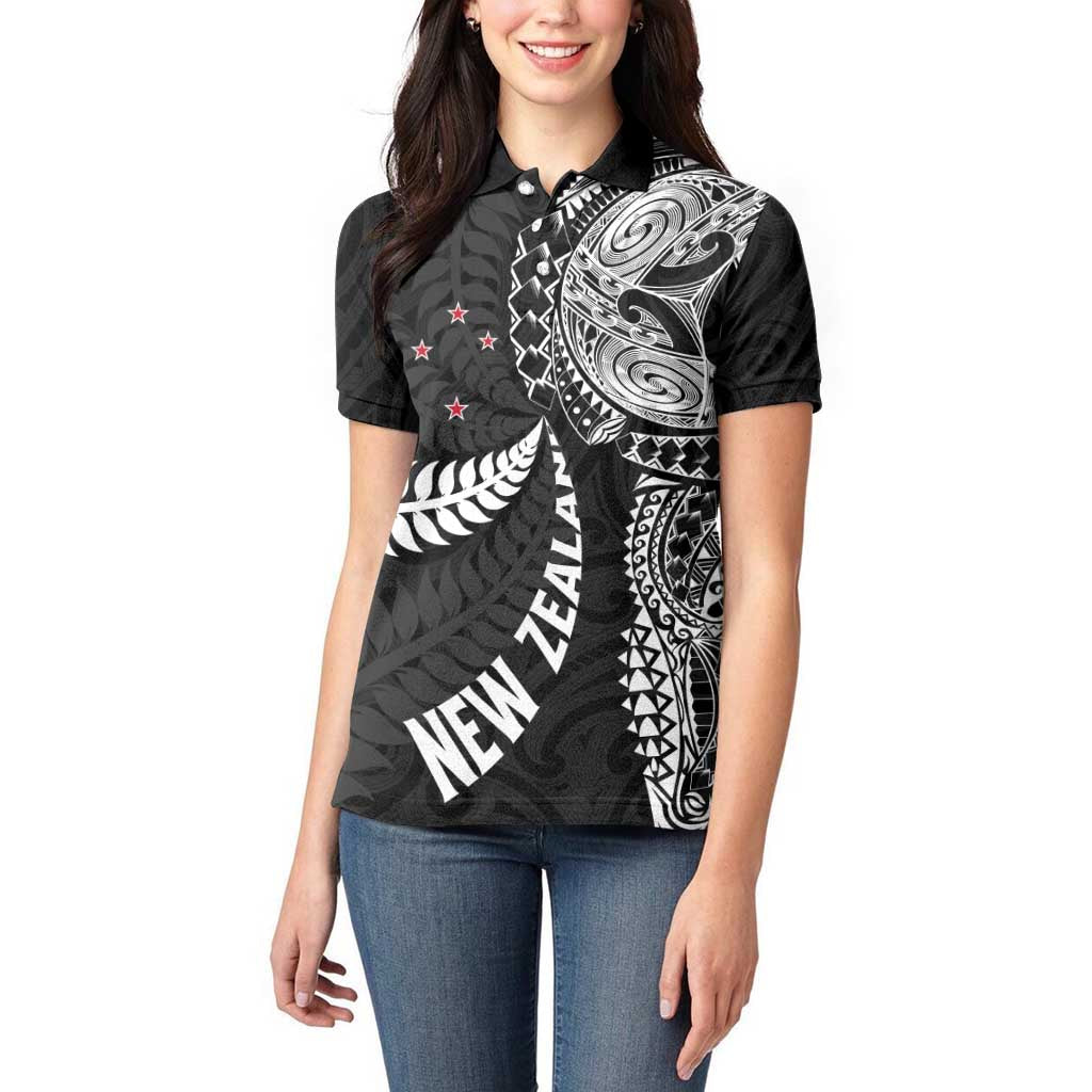 Aotearoa Volleyball Custom Women Polo Shirt Silver Ferns and Maori Tribal Black LT03 - Polynesian Pride