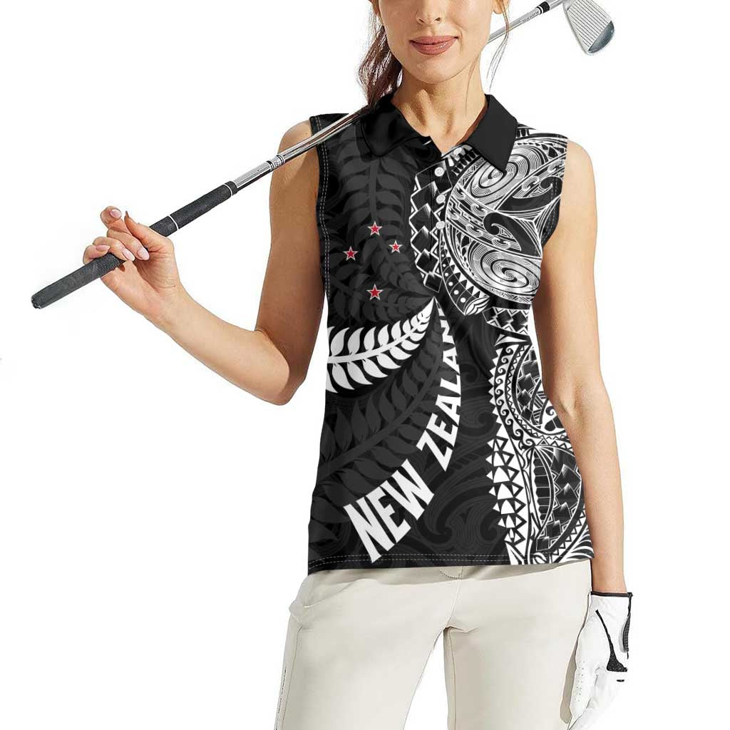 Aotearoa Volleyball Custom Women Sleeveless Polo Shirt Silver Ferns and Maori Tribal Black LT03 - Polynesian Pride