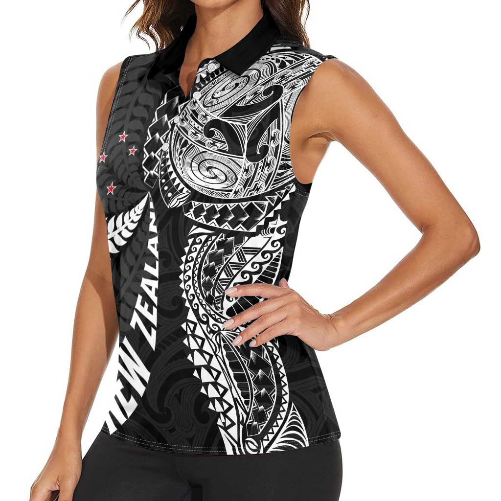 Aotearoa Volleyball Custom Women Sleeveless Polo Shirt Silver Ferns and Maori Tribal Black LT03 - Polynesian Pride