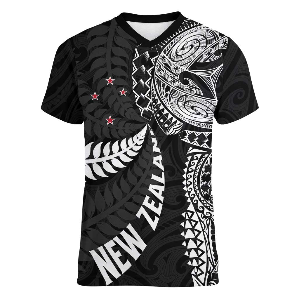 Aotearoa Volleyball Custom Women V-Neck T-Shirt Silver Ferns and Maori Tribal Black LT03 Female Black - Polynesian Pride