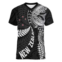 Aotearoa Volleyball Custom Women V-Neck T-Shirt Silver Ferns and Maori Tribal Black LT03 Female Black - Polynesian Pride