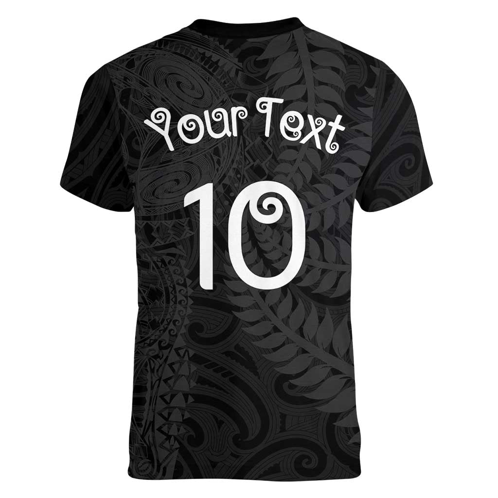 Aotearoa Volleyball Custom Women V-Neck T-Shirt Silver Ferns and Maori Tribal Black LT03 - Polynesian Pride