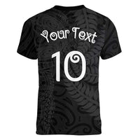 Aotearoa Volleyball Custom Women V-Neck T-Shirt Silver Ferns and Maori Tribal Black LT03 - Polynesian Pride