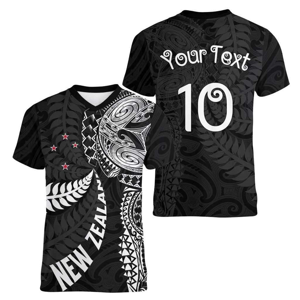 Aotearoa Volleyball Custom Women V-Neck T-Shirt Silver Ferns and Maori Tribal Black LT03 - Polynesian Pride