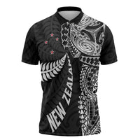 Aotearoa Volleyball Custom Zipper Polo Shirt Silver Ferns and Maori Tribal Black LT03 Black - Polynesian Pride