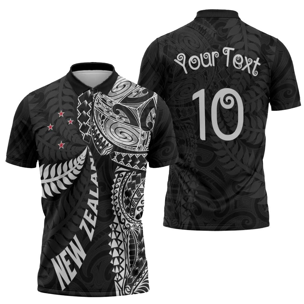 Aotearoa Volleyball Custom Zipper Polo Shirt Silver Ferns and Maori Tribal Black LT03 - Polynesian Pride