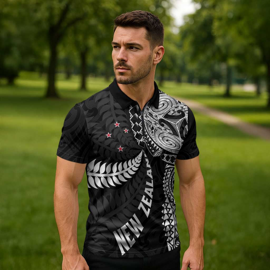 Aotearoa Volleyball Custom Zipper Polo Shirt Silver Ferns and Maori Tribal Black LT03 - Polynesian Pride