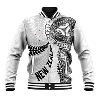 Aotearoa Volleyball Custom Baseball Jacket Silver Ferns and Maori Tribal White