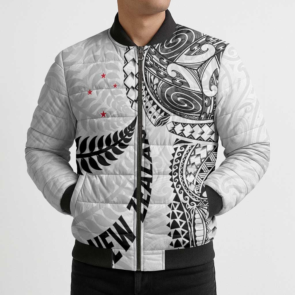 Aotearoa Volleyball Custom Bomber Puffer Jacket Silver Ferns and Maori Tribal White