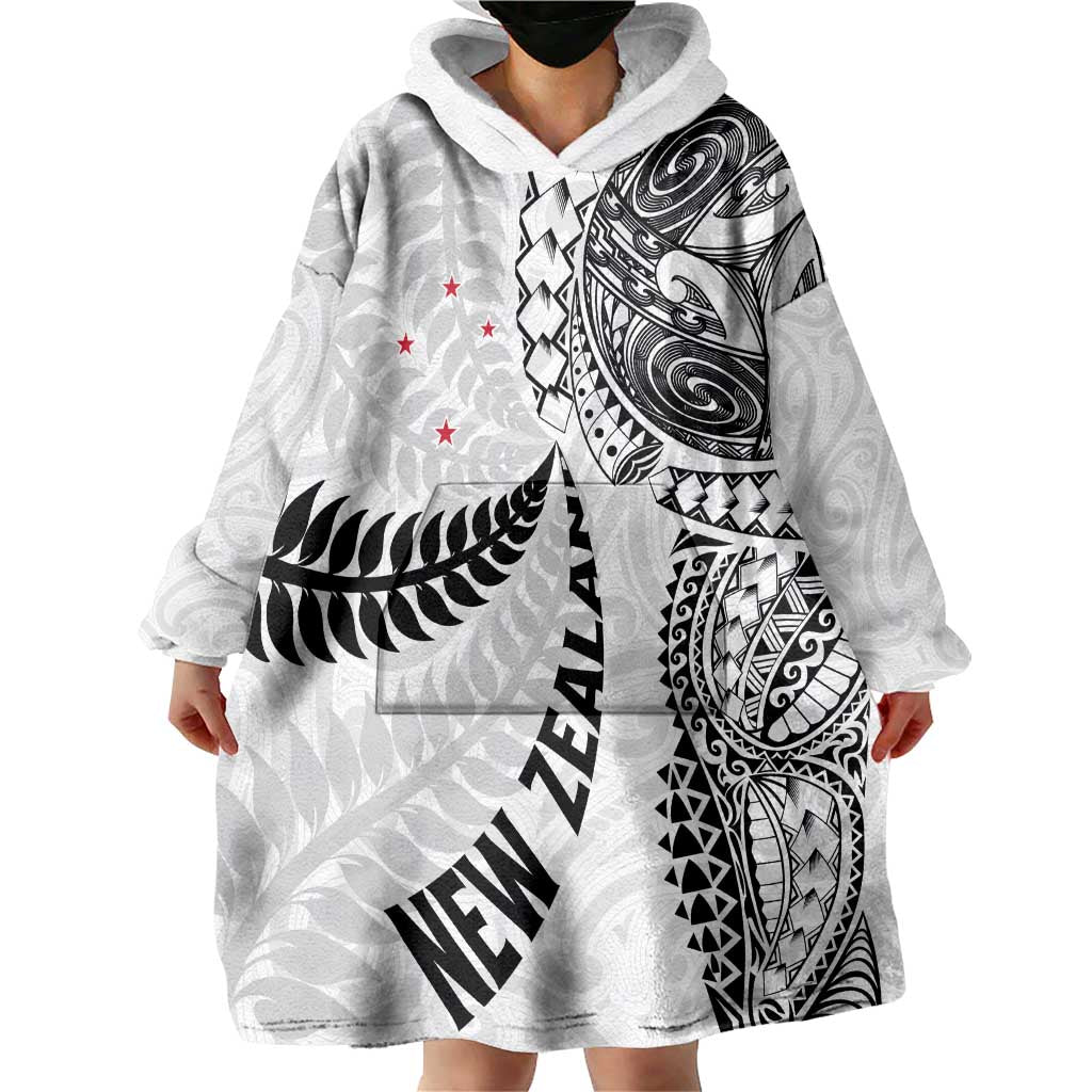 Aotearoa Volleyball Custom Wearable Blanket Hoodie Silver Ferns and Maori Tribal White LT03 - Polynesian Pride