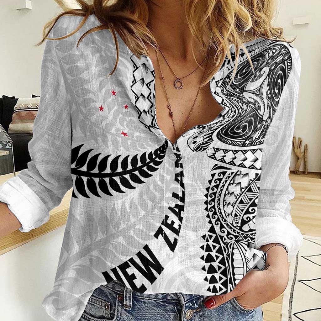 Aotearoa Volleyball Custom Women Casual Shirt Silver Ferns and Maori Tribal White LT03 Female White - Polynesian Pride