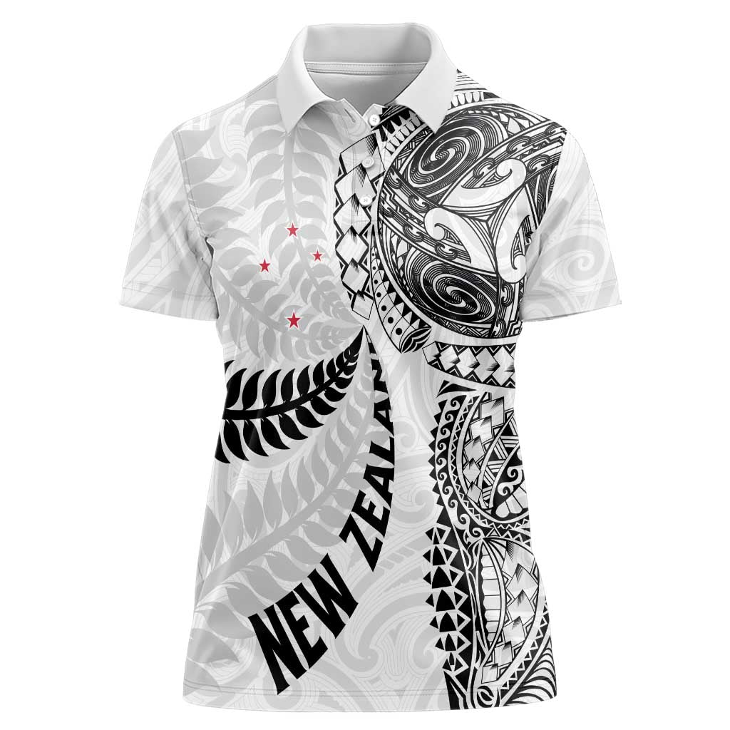 Aotearoa Volleyball Custom Women Polo Shirt Silver Ferns and Maori Tribal White LT03 Female White - Polynesian Pride