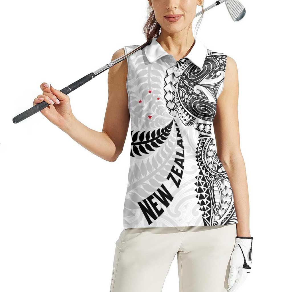 Aotearoa Volleyball Custom Women Sleeveless Polo Shirt Silver Ferns and Maori Tribal White LT03 - Polynesian Pride