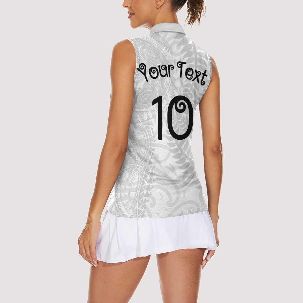 Aotearoa Volleyball Custom Women Sleeveless Polo Shirt Silver Ferns and Maori Tribal White LT03 - Polynesian Pride