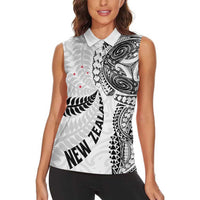 Aotearoa Volleyball Custom Women Sleeveless Polo Shirt Silver Ferns and Maori Tribal White LT03 - Polynesian Pride