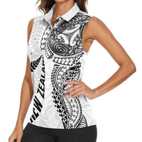 Aotearoa Volleyball Custom Women Sleeveless Polo Shirt Silver Ferns and Maori Tribal White LT03 - Polynesian Pride