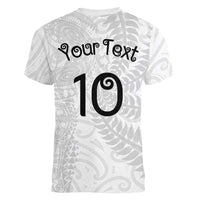 Aotearoa Volleyball Custom Women V-Neck T-Shirt Silver Ferns and Maori Tribal White LT03 - Polynesian Pride