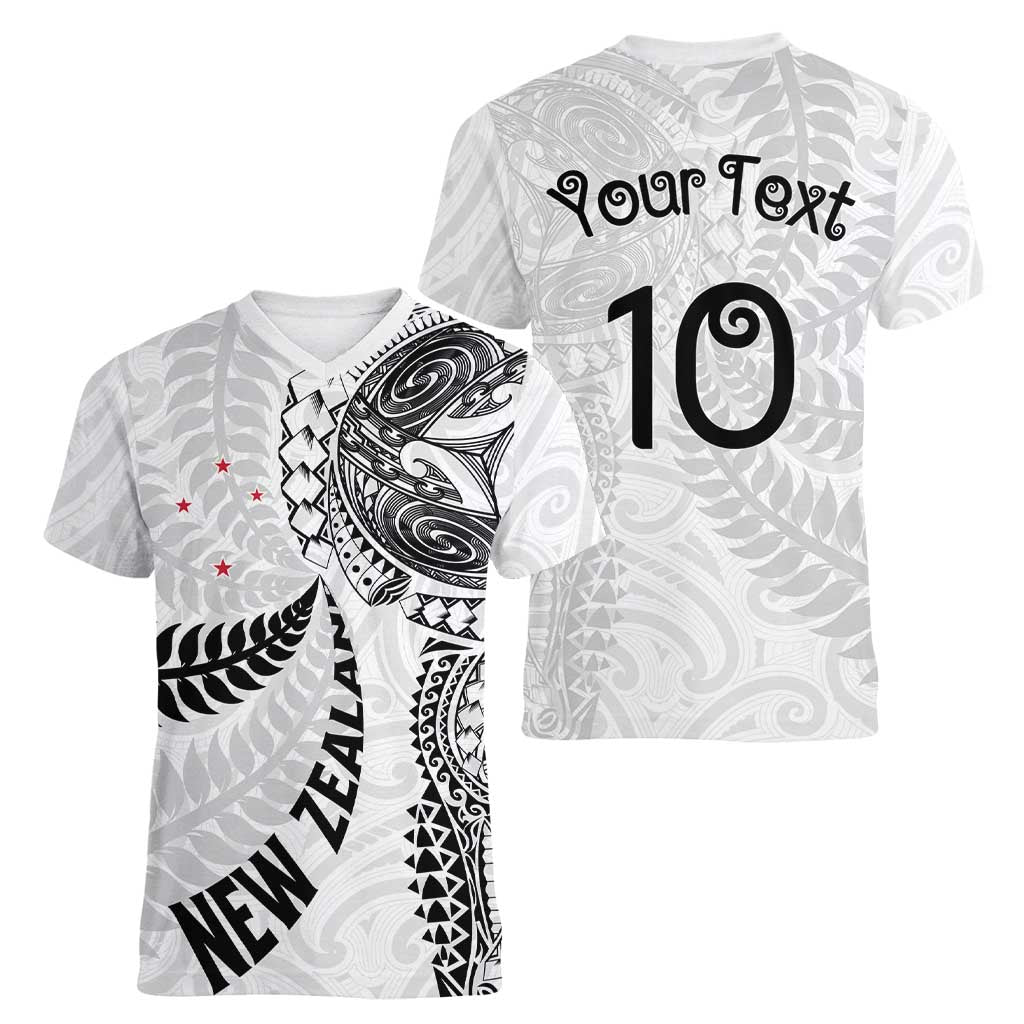 Aotearoa Volleyball Custom Women V-Neck T-Shirt Silver Ferns and Maori Tribal White LT03 - Polynesian Pride