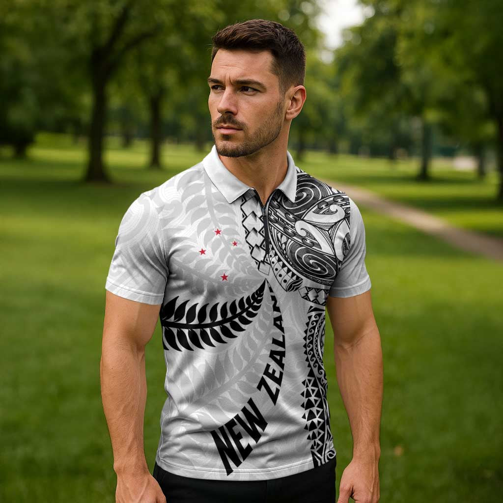 Aotearoa Volleyball Custom Zipper Polo Shirt Silver Ferns and Maori Tribal White