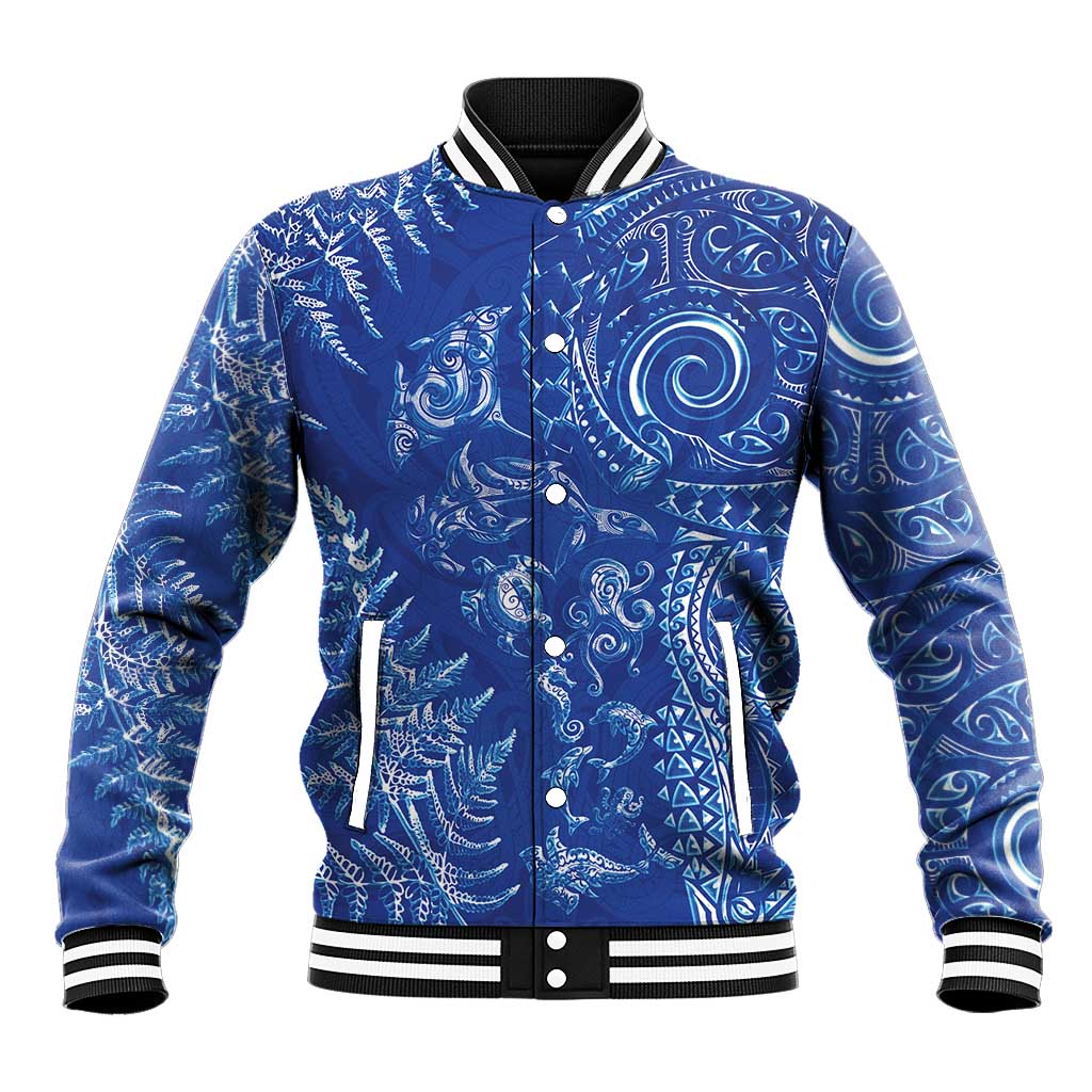 New Zealand Sea Animals Baseball Jacket with Maori Koru Tribal Tattoo and Silver Ferns Aquatic Style