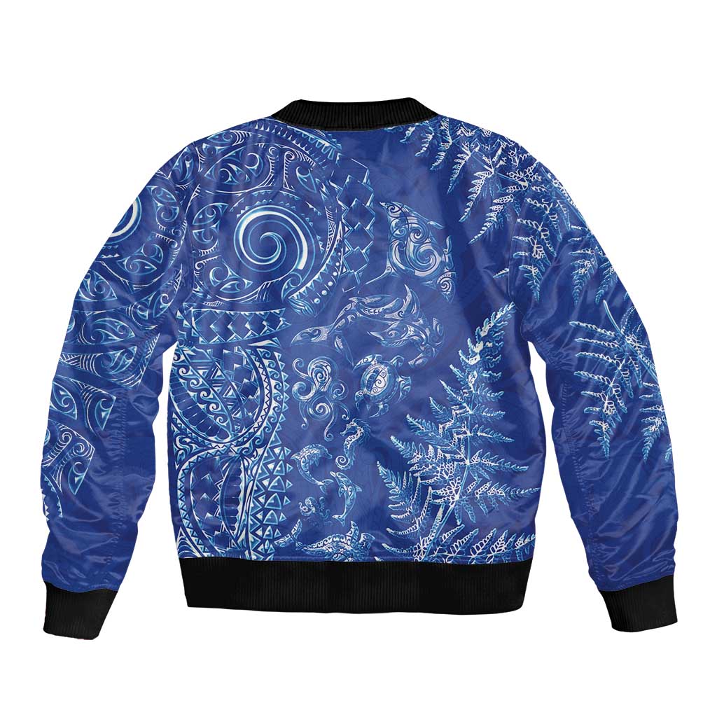 New Zealand Sea Animals Bomber Jacket with Maori Koru Tribal Tattoo and Silver Ferns Aquatic Style LT03 - Polynesian Pride