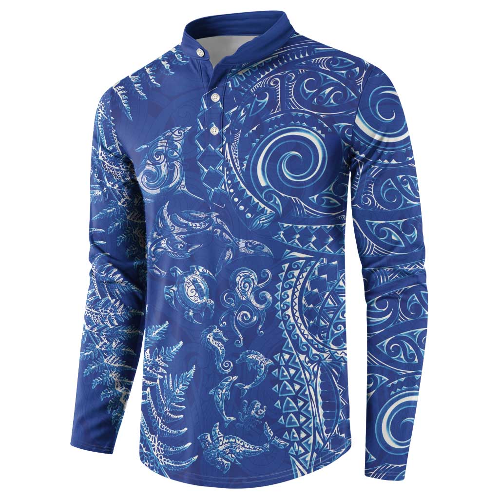 New Zealand Sea Animals Button Sweatshirt with Maori Koru Tribal Tattoo and Silver Ferns Aquatic Style LT03 - Polynesian Pride