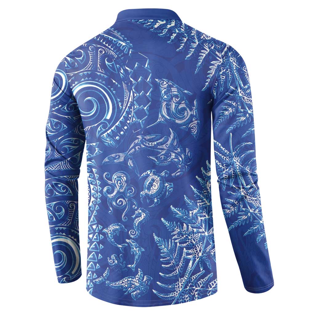 New Zealand Sea Animals Button Sweatshirt with Maori Koru Tribal Tattoo and Silver Ferns Aquatic Style LT03 - Polynesian Pride