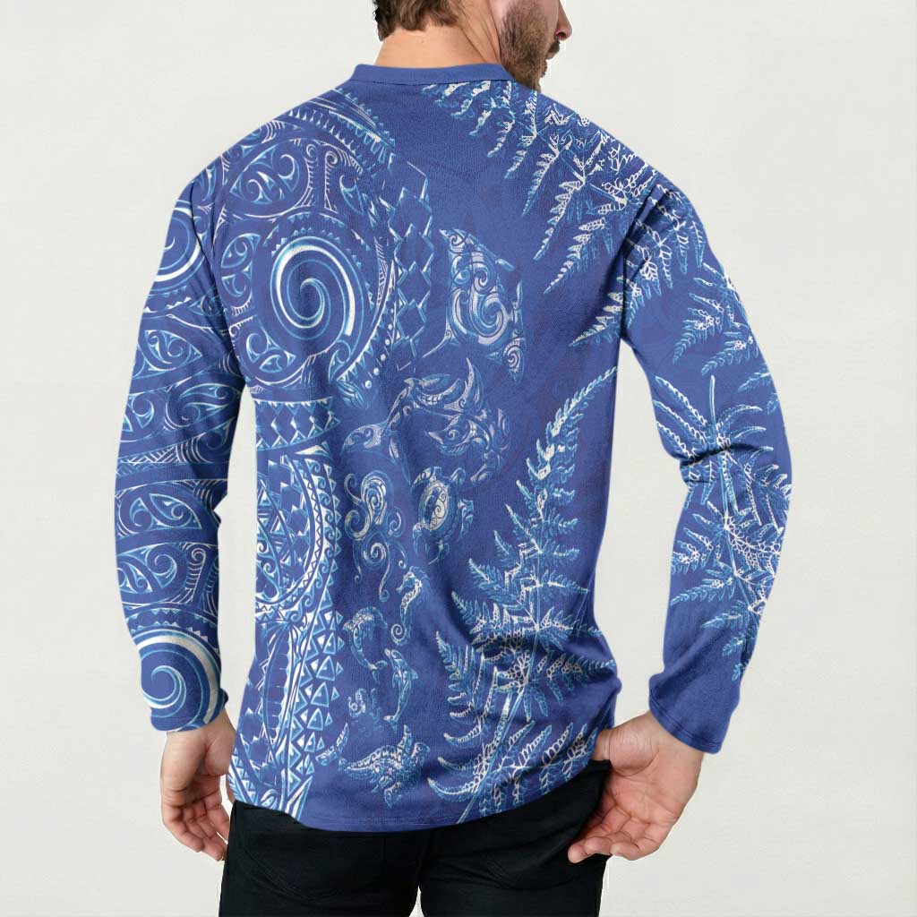 New Zealand Sea Animals Button Sweatshirt with Maori Koru Tribal Tattoo and Silver Ferns Aquatic Style LT03 - Polynesian Pride