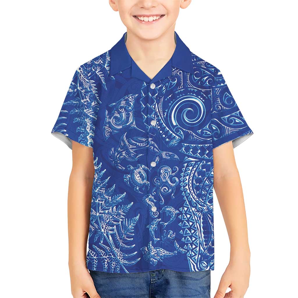 New Zealand Sea Animals Kid Hawaiian Shirt with Maori Koru Tribal Tattoo and Silver Ferns Aquatic Style