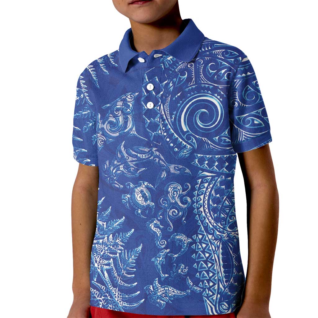 New Zealand Sea Animals Kid Polo Shirt with Maori Koru Tribal Tattoo and Silver Ferns Aquatic Style