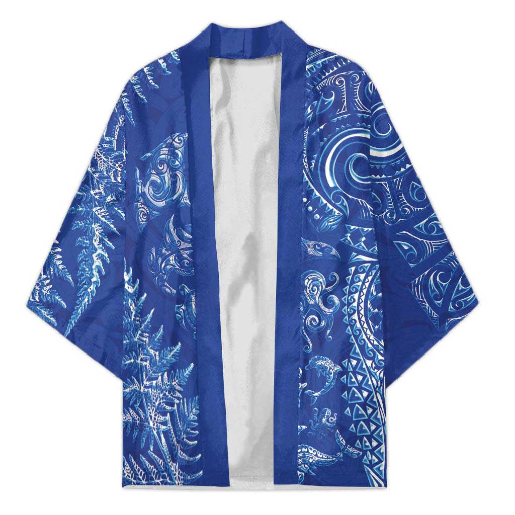 New Zealand Sea Animals Kimono with Maori Koru Tribal Tattoo and Silver Ferns Aquatic Style