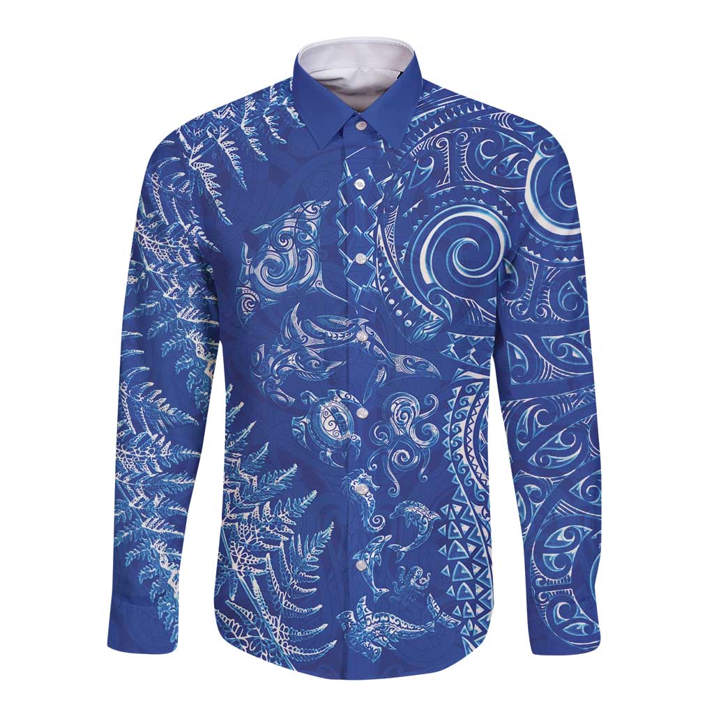 New Zealand Sea Animals Long Sleeve Button Shirt with Maori Koru Tribal Tattoo and Silver Ferns Aquatic Style