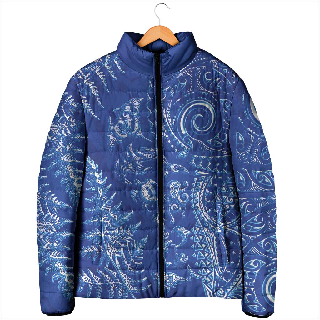 New Zealand Sea Animals Padded Jacket with Maori Koru Tribal Tattoo and Silver Ferns Aquatic Style LT03 - Polynesian Pride