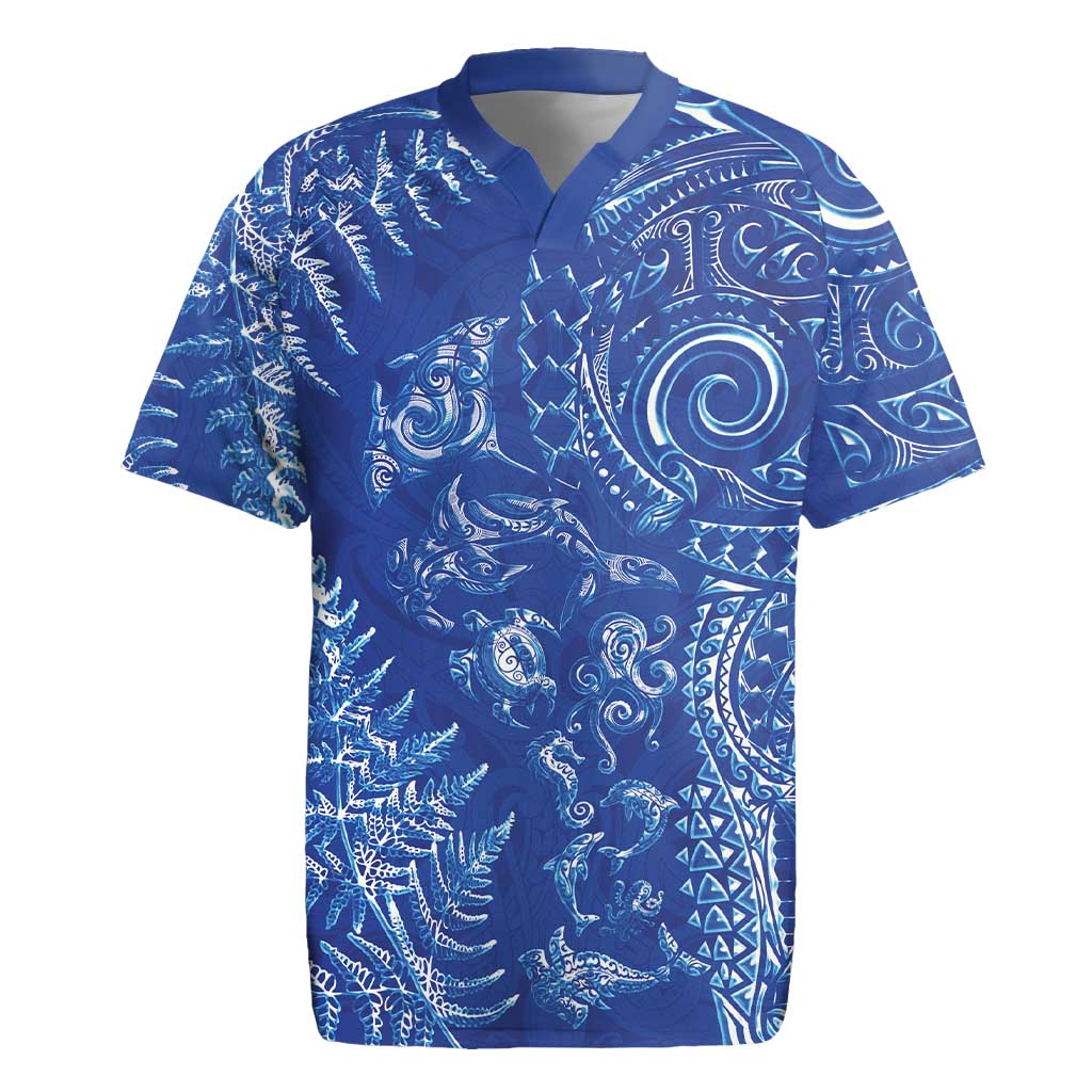 New Zealand Sea Animals Rugby Jersey with Maori Koru Tribal Tattoo and Silver Ferns Aquatic Style LT03 Navy - Polynesian Pride