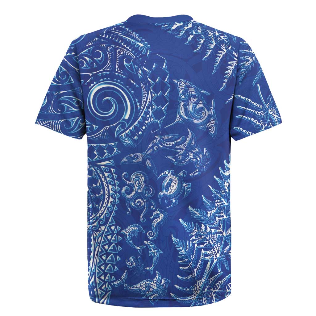 New Zealand Sea Animals Rugby Jersey with Maori Koru Tribal Tattoo and Silver Ferns Aquatic Style LT03 - Polynesian Pride
