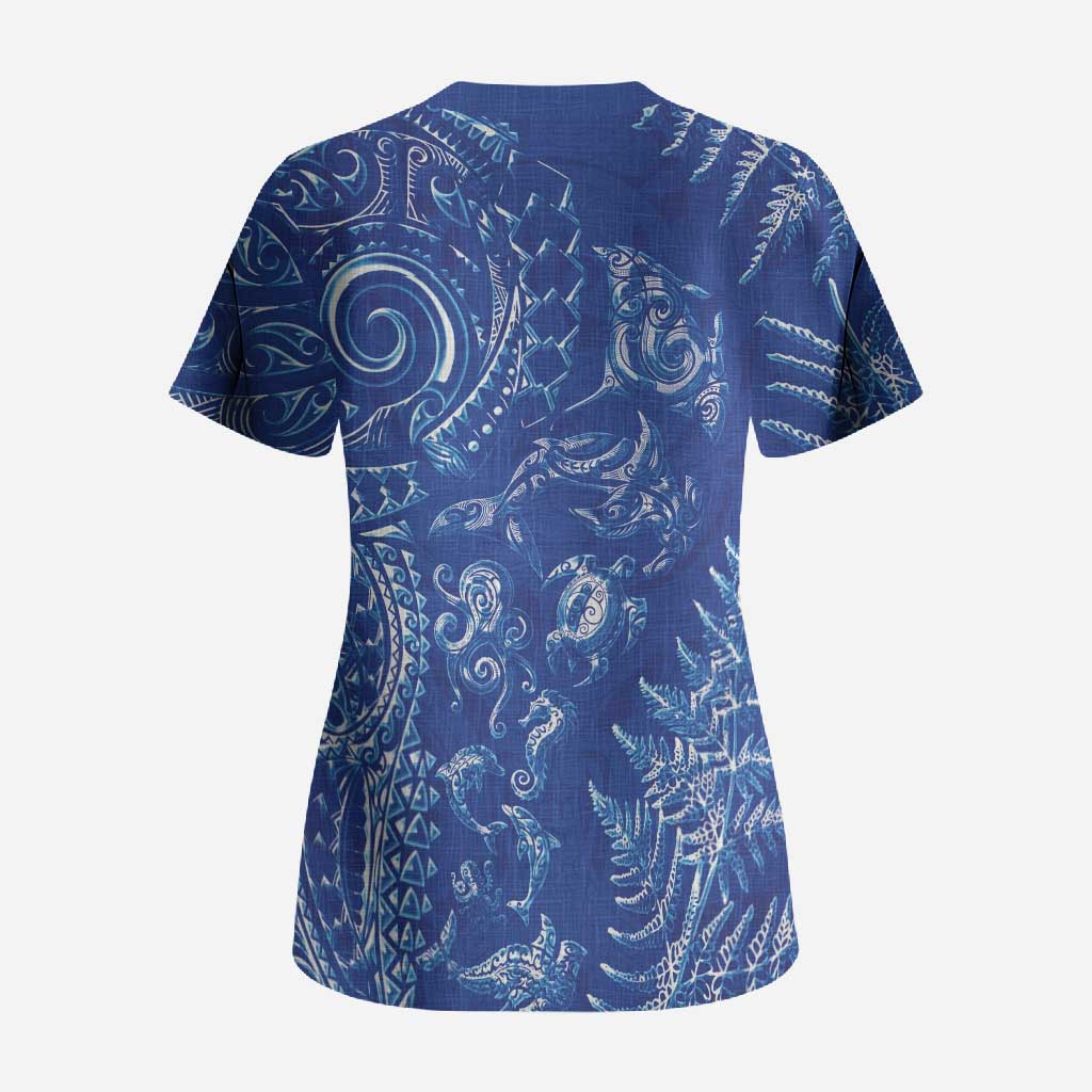 New Zealand Sea Animals Scrub Top with Maori Koru Tribal Tattoo and Silver Ferns Aquatic Style LT03 - Polynesian Pride